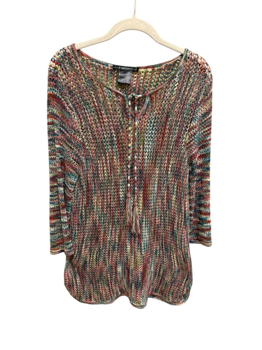 United States Sweaters Multicolor Open-Weave Scoop Neck Tassel Tie Beach Coverup